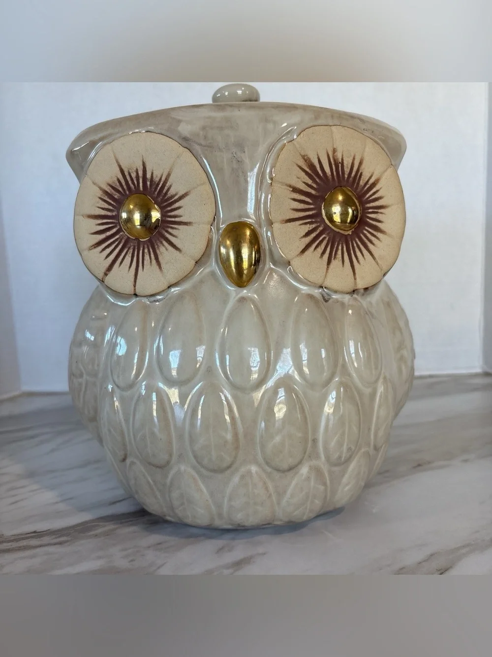 World Market Ceramic Owl Cookie Jar, Light Brown/ Cream with Gold